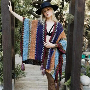 Boho Crochet Knit Ruana Wrap Kimono New